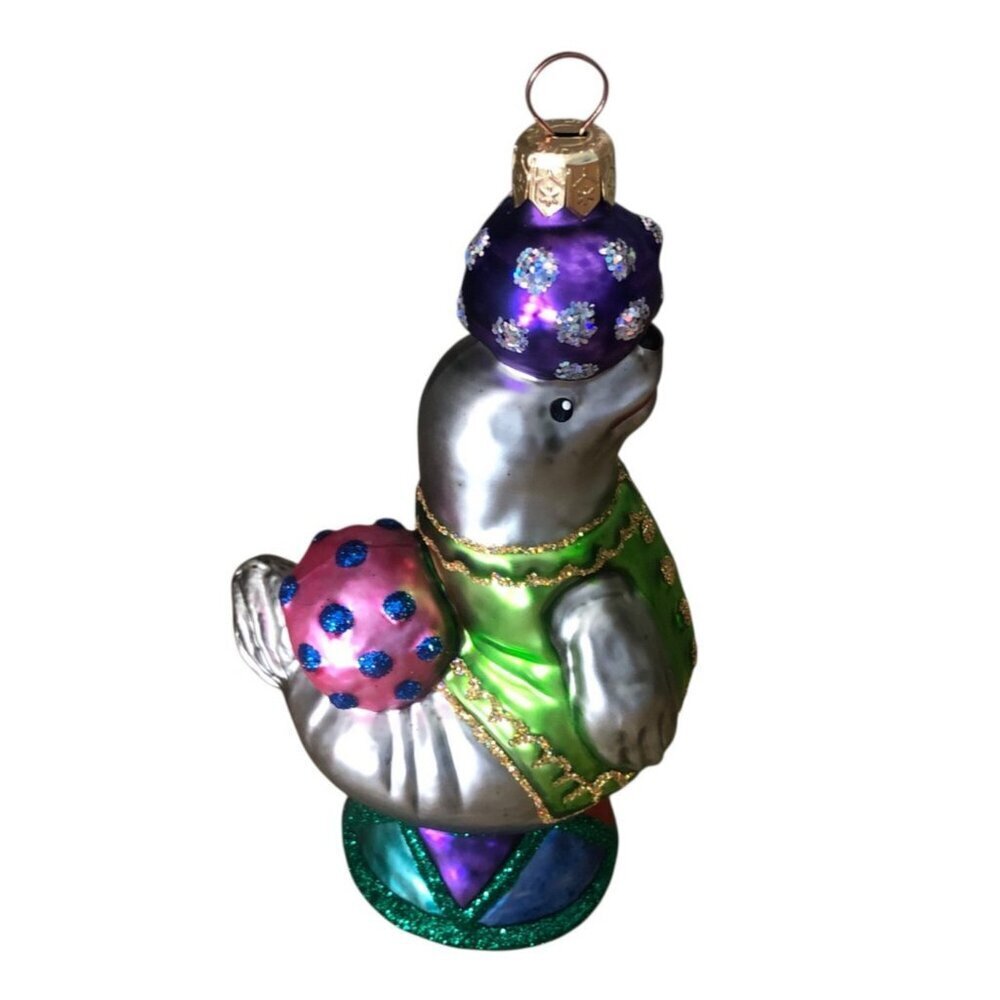 Vintage Circus Seal Hand Blown Glass Christmas Ornament Drum with Ball Poland 6"